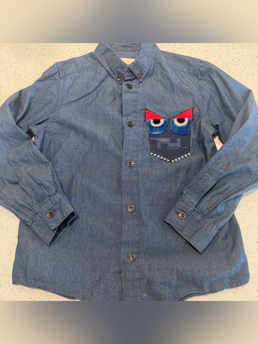 Fendi Blue Denim-Look Button-Down Shirt with Monster Pocket
